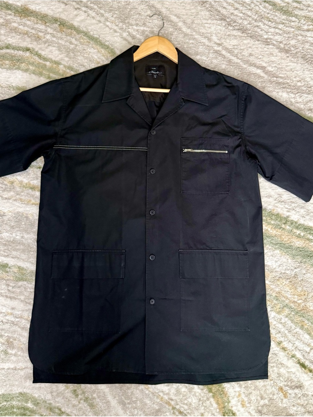 3.1 Phillip Lim Black Short-Sleeve Shirt Jacket with Zip Pocket